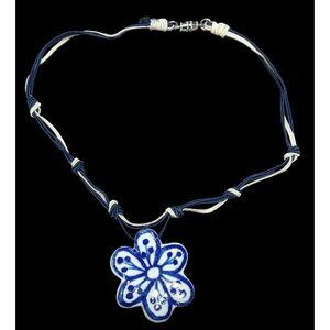 Handmade Cottagecore Ceramic Blue And White Flower Necklace